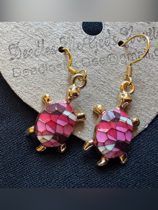 Jewelry - Gold-Tone Pink Turtle Mosaic Drop Earrings